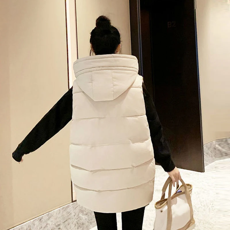 New 2022 Korean Fashion Long Vest Coat Women Down Cotton Parka Warm Sleeveless Hooded Solid Color Loose Female Waistcoat