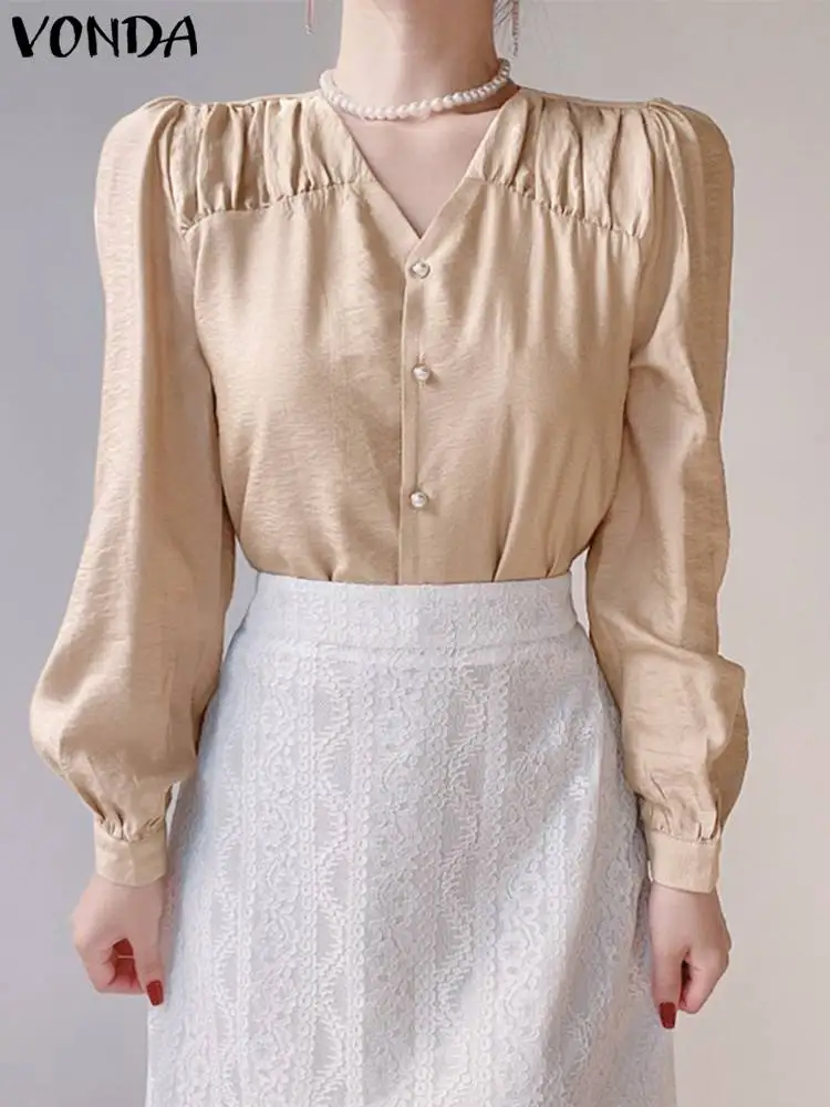 

VONDA 2023 Elegant Shirts Women Tops Summer Sexy Buttons Long Sleeve Solid Color Office Blouses V-Neck Casual Streetwear Blusas