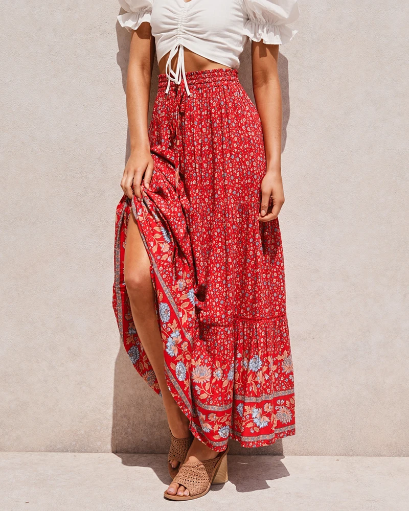 

Женская пляжная юбка с цветочным принтом, красная богемная хлопковая юбка с высокой эластичной талией в стиле бохо, лето 2023