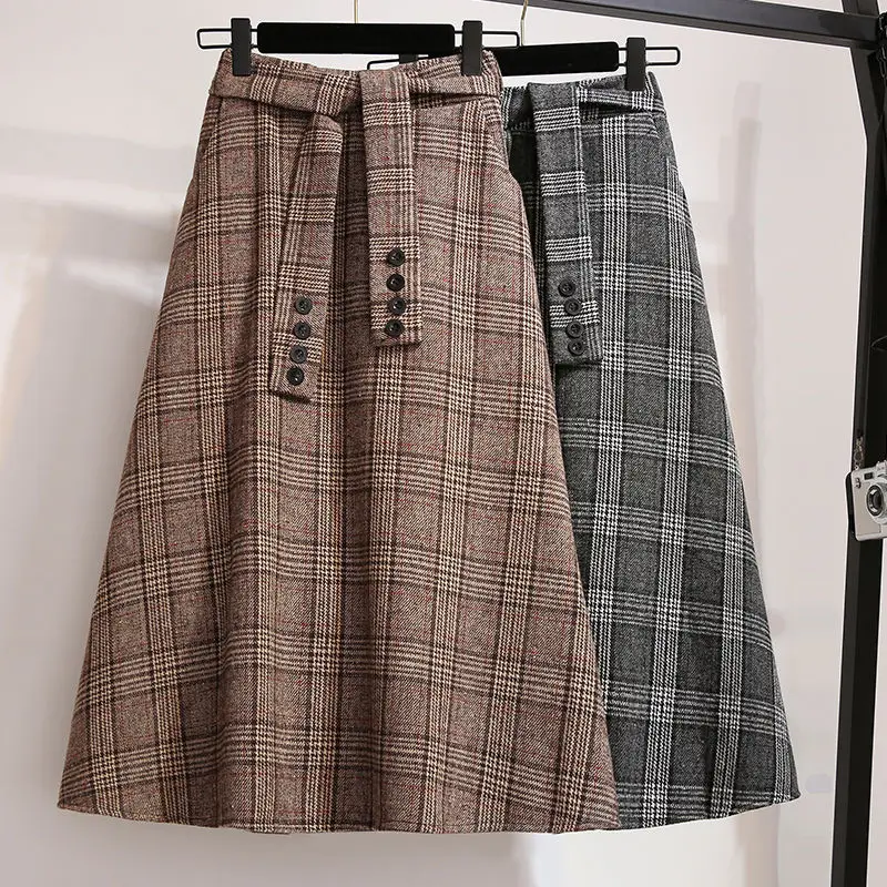 

Autumn Winter Warm Midi Long Skirt Women Korean Style Plaid Skirt High Waist Skirts Female Belt Faldas Mujer Jupe Femme E303