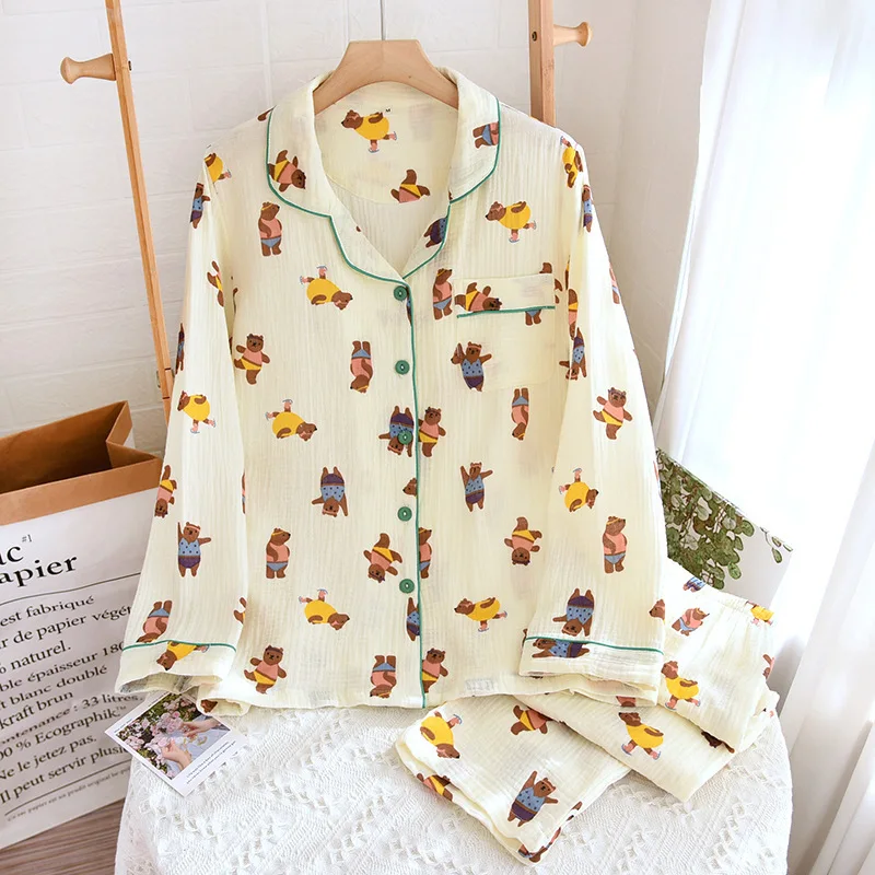 

New Long-sleeved Trousers Cotton Cloth Pajama Sets Summer Thin Bear Home Clothes Simple Cardigan Loose Two-piece Pajama Suit