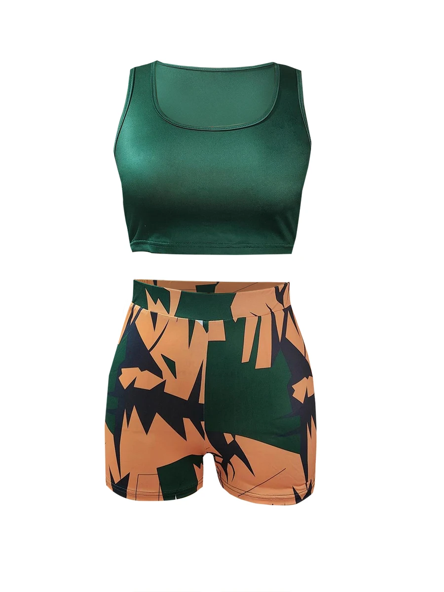 LW Plus Size summer 2pcs set Crop Top Geometric Print Patchwork Shorts Set 2023 Summer T Shirt Two Piece Set And Shorts Suits