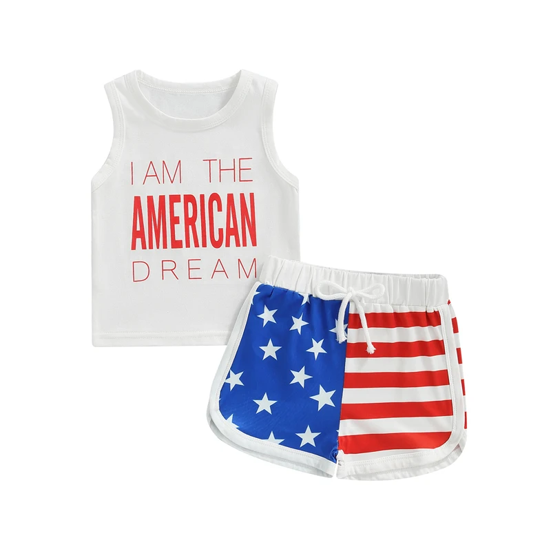 

Toddler Boys Summer Outfit Sets White Sleeveless Letter Print Vest + Stars & Stripe Drawstring Shorts