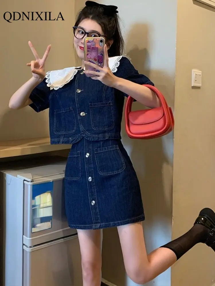 

Women's Summer Suit with Skirt New In Matching Sets Korean Sweet Doll Collar Short Top Fashion Elegant Denim Skirts 2 Piece Sets