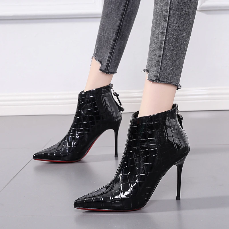 Pointed Pure Black Patent Leather Zipper Women's Boots Winter Sexy Crocodile Leather Ankle Boots Stiletto High Heels Short Boots