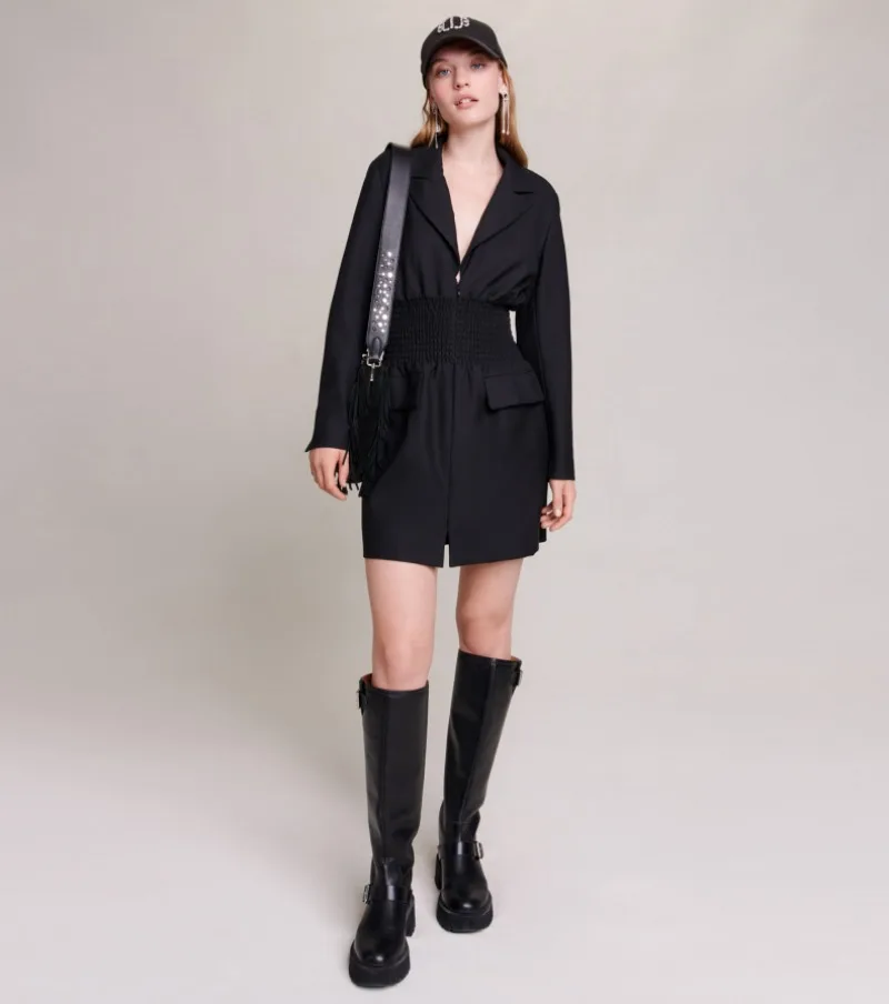 

Office Lady Black Lapel Dress 2023 Autumn New French Women's Fashion Black Suit Collar Waist Slimming Long Sleeve Dresses