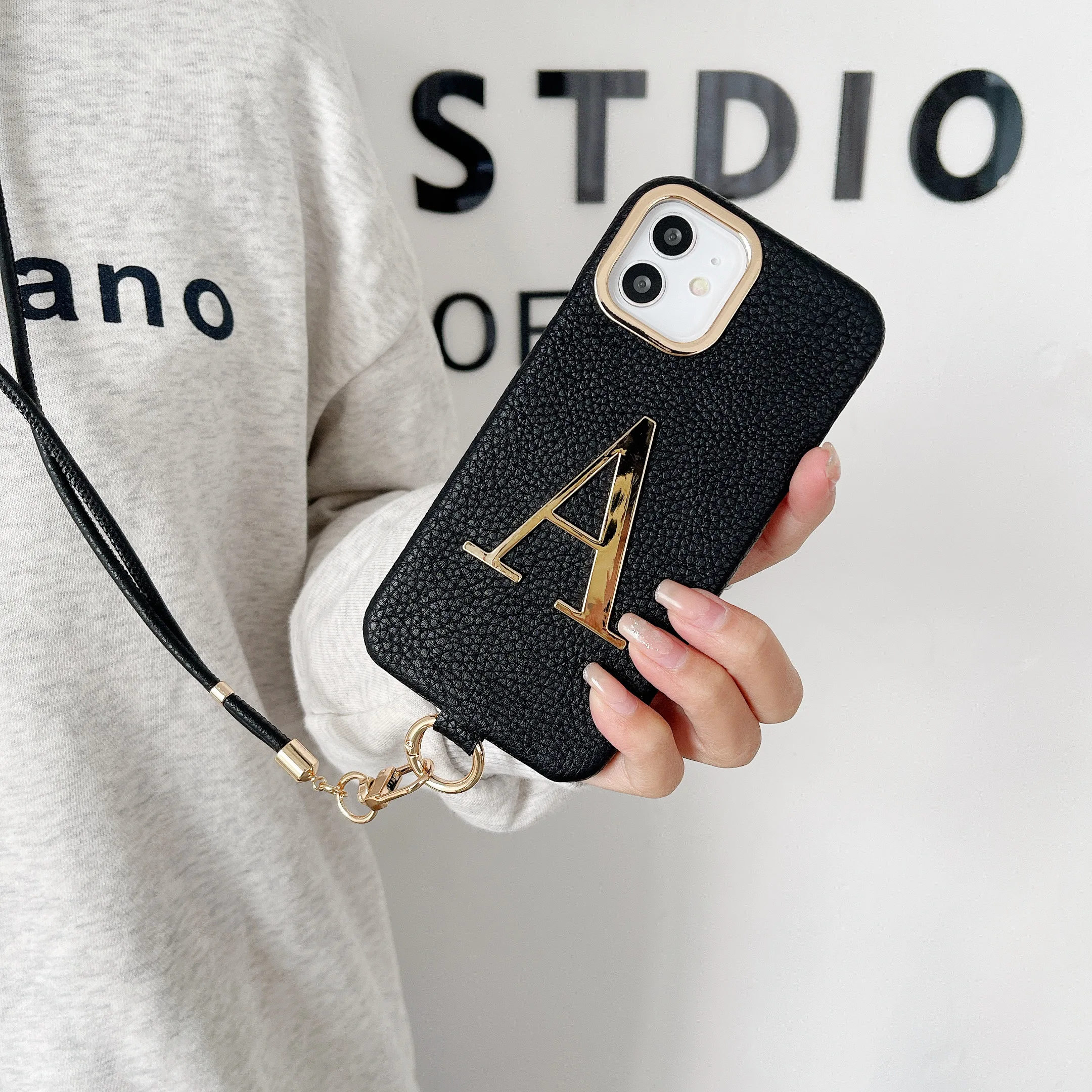 Premium Luxury Leather Gold Letter Custom Initial Lanyard Phone Case For iPhone 11 12 13 14Pro Max Protective Phone Cover
