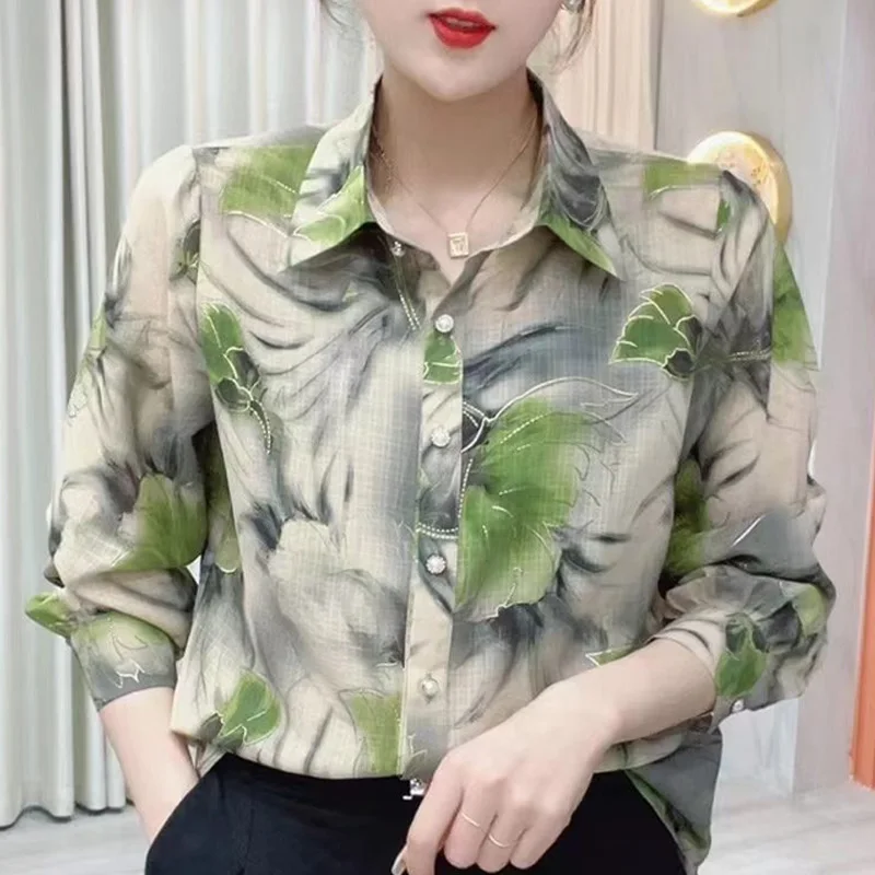 2023 New Spring and Autumn Fashion Shiny Silk Printed Polo Collar Oversized Loose Relaxed Contrast Color Sunscreen Women's Shirt images - 6