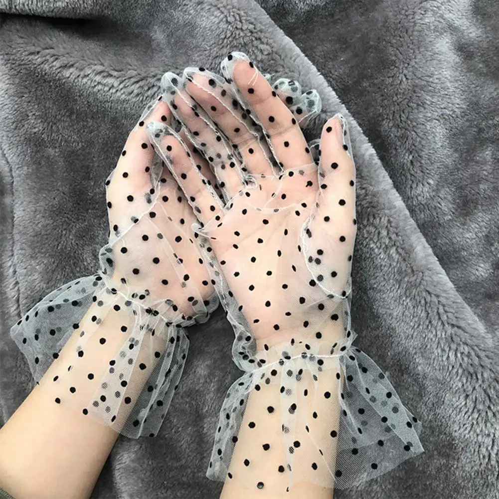 

1 Pair Transparentes Dot Print Black White Mesh Tulle Gloves Short Tulle Mesh Lace Gloves for Weeding Party Dancing Dress Glove
