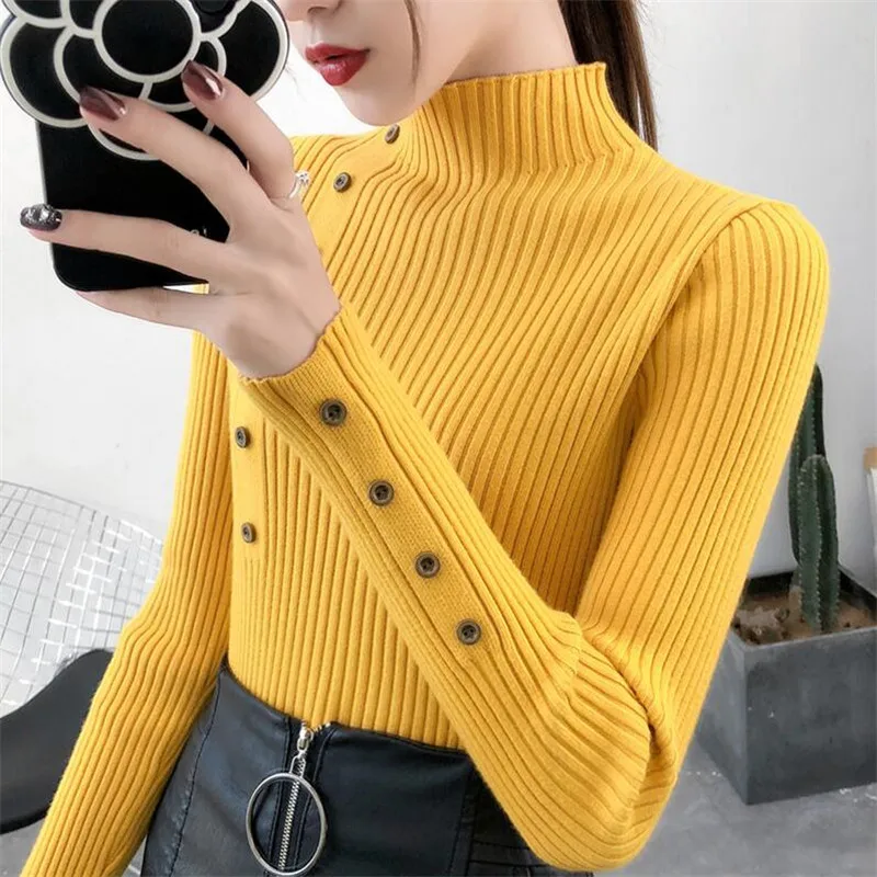 

2022 Women Autumn Knitted Slim Pullovers Sweater Solid Female Cotton Soft Elastic Color Button Long Sleeve Turtleneck 504B