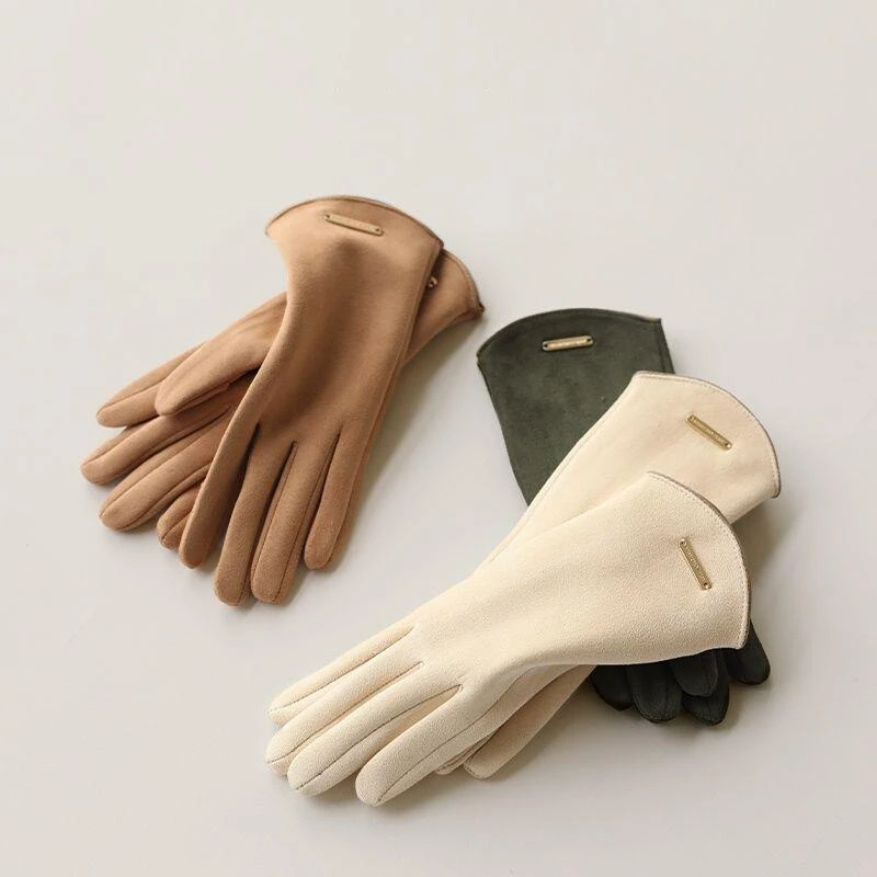 High-end gloves winter women ins cute suede driving gloves plus velvet warm cycling finger touch