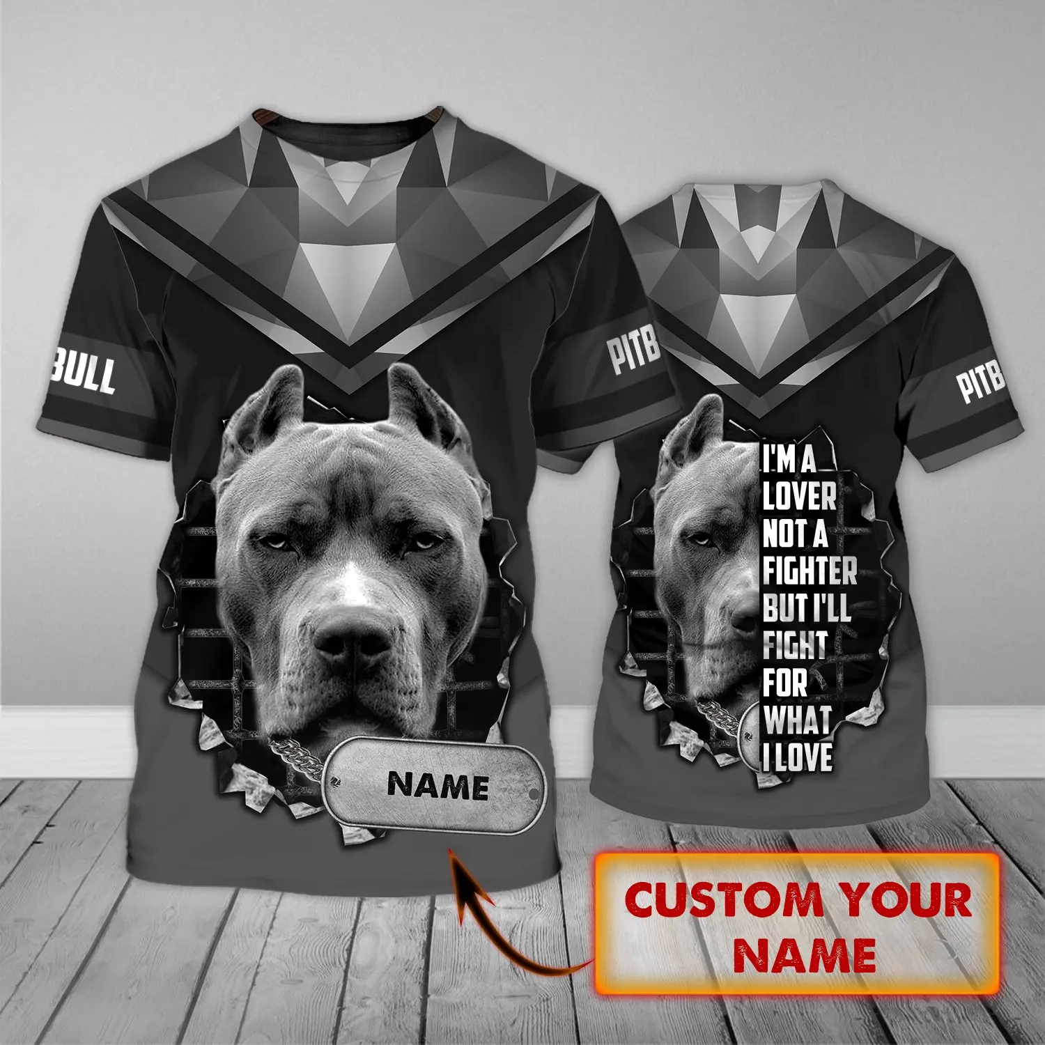 Фото Dog Lover Pit Bull Персонализированное имя 3D Мужская футболка с принтом по всей поверхности Летний стиль Повседневные футболки Футболка унисекс TX-97 №1