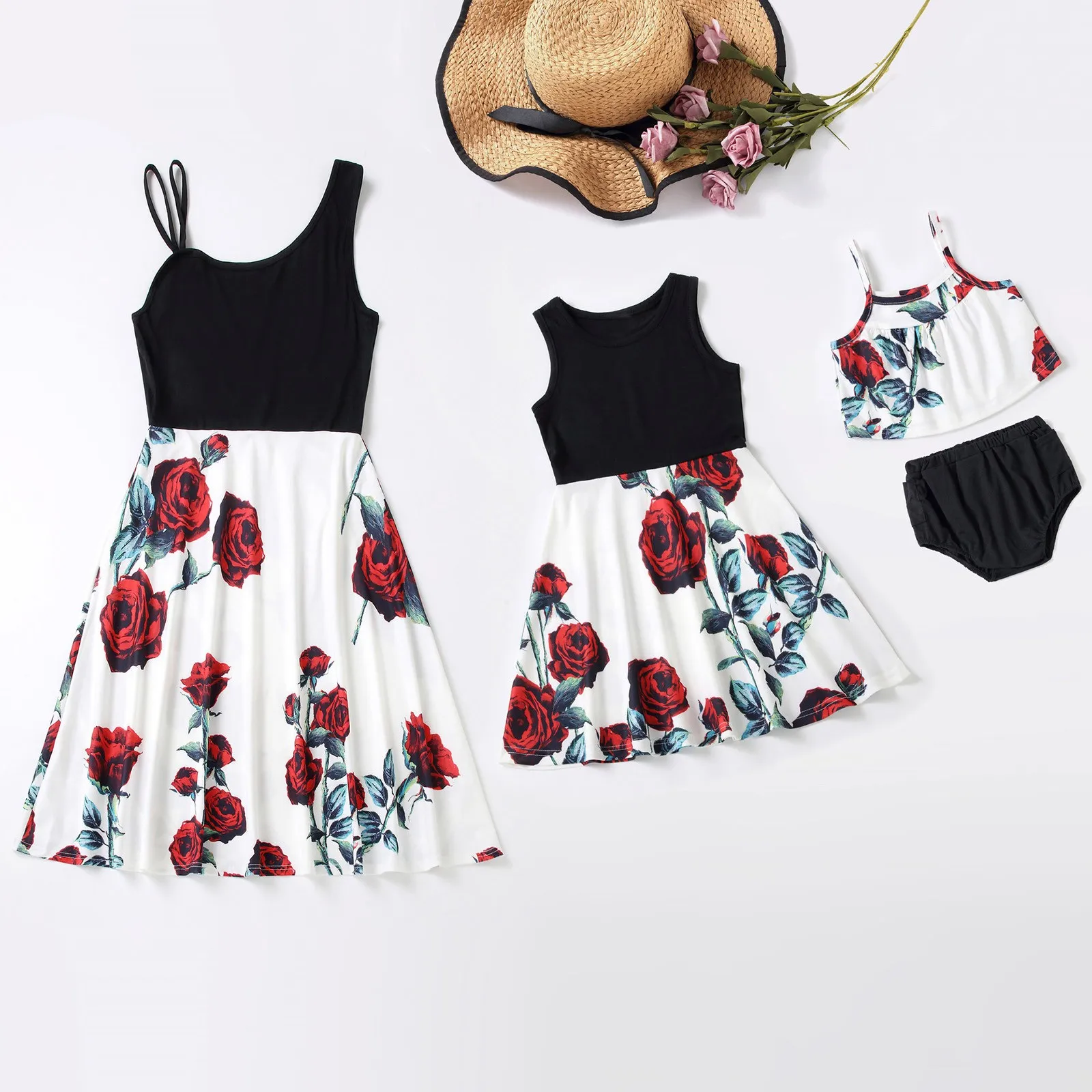 

Summer Mommy And Me Dresses Family Mother Daughter Matching Clothes Sweet Floral Roses Print Boho Casual Sleeveless Beach Dress