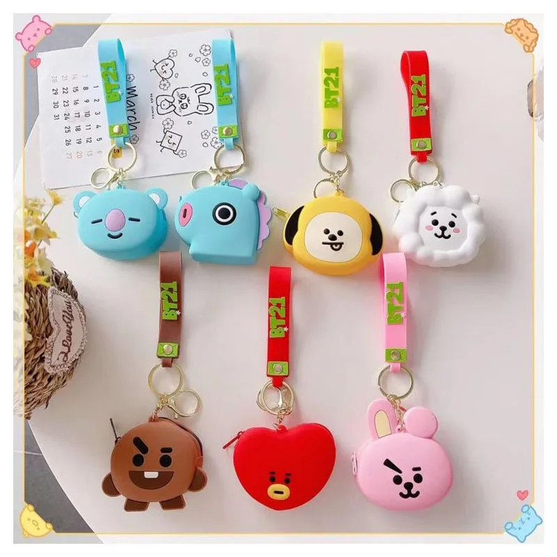 

Kawaii Bt21 Cartoon Silicone Coin Purse Pendant Keychain Bluetooth Earphone Bag Coin Bag Mini Storage Bag