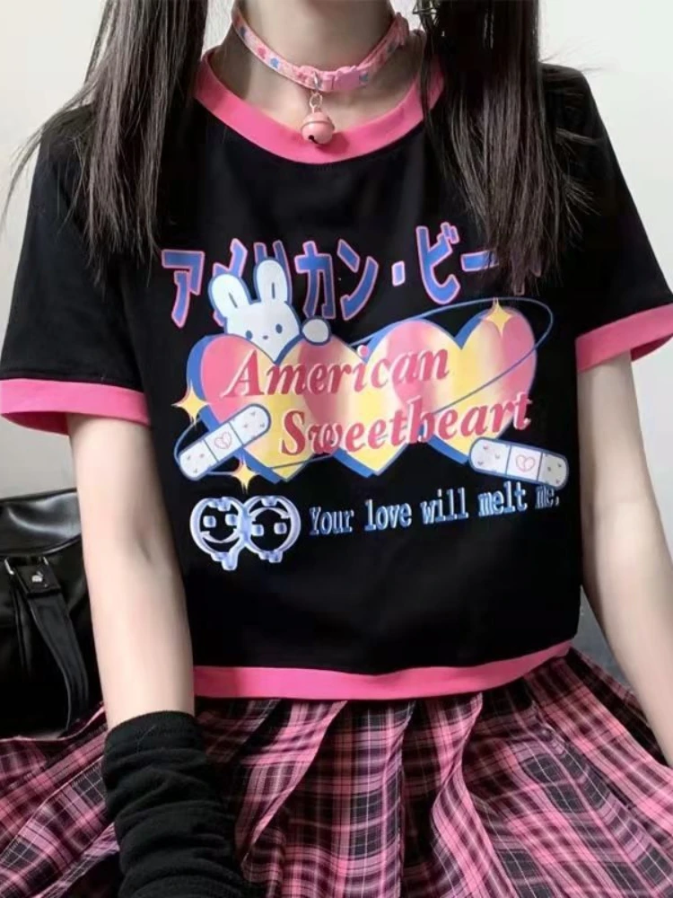 

Deeptown Y2K Harajuku Graphic T Shirts Women Kawaii Black Cropped Tops Cute Sweet Girl Patchwork Short Sleeve Casual Tee Gothic