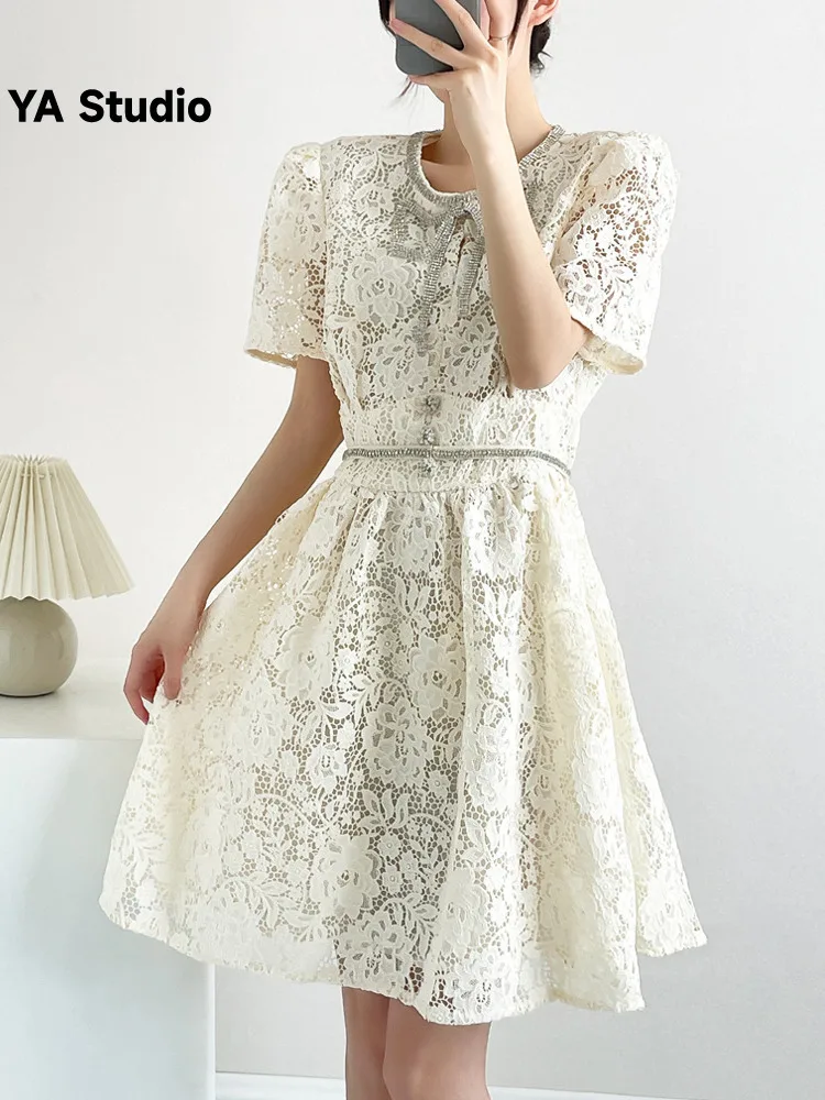 

[YA Studio] UK SP2023 New Bow Diamonds Ivory White Lace Fairy Celebrity Waist Wrapped Dress