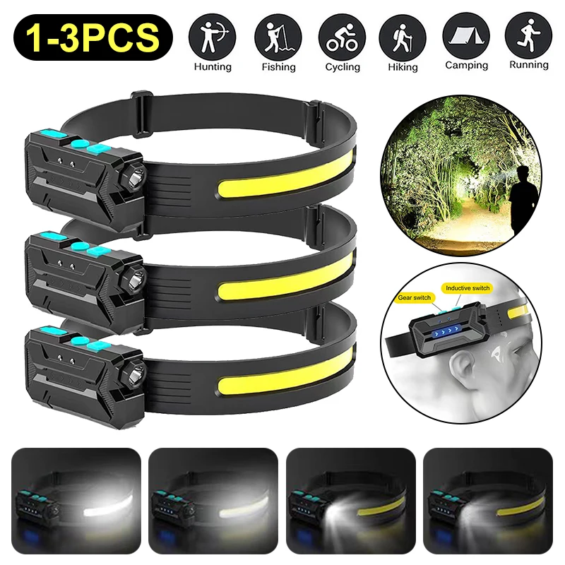 

Налобный фонарь с датчиком и встроенным аккумулятором 18650, светодиодный фонарь с COB матрицей, заряжаемый от USB, налобный фонарь с индикатором мощности, налобный фонарь, лампа для рыбалки