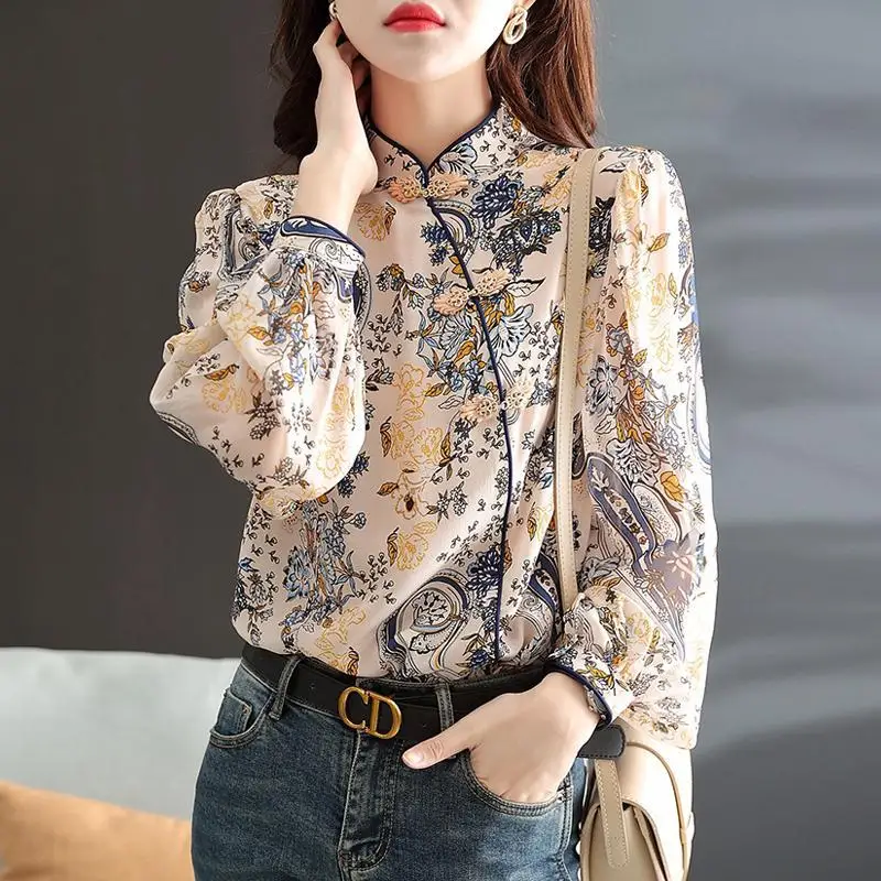

2023 New Button Blouses Spring Autumn Chinese Style Long Sleeve Chic Printed Trend Tops All-match Shirts Women's Clothing Blusas