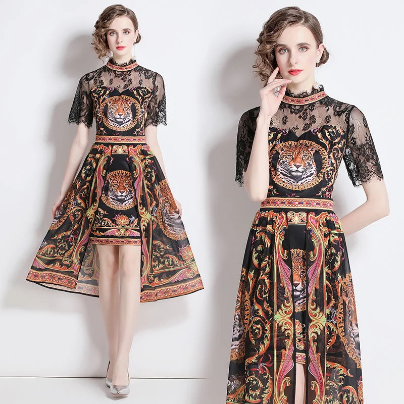 

2022 summer new stunning celebrity style lace stitching positioning print stand collar Short Sleeve Dress Short dresses elegant