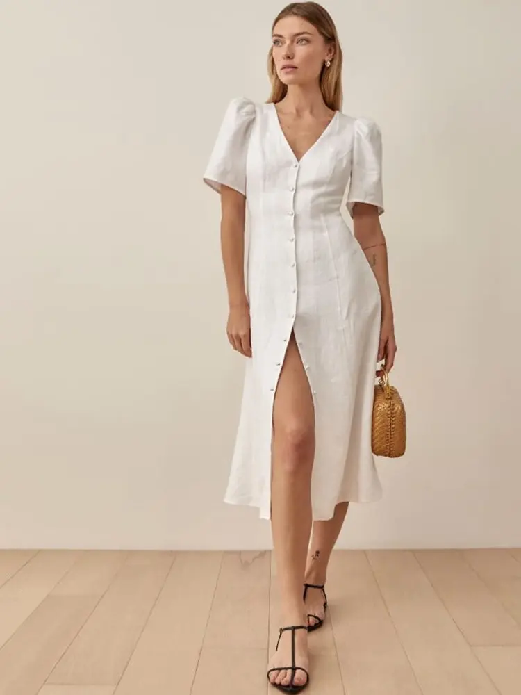 

2022 Summer New Linen Material White Dress Puff Sleeve Single Breasted V-Neck Women Cardigan Dress Original Midi Dress