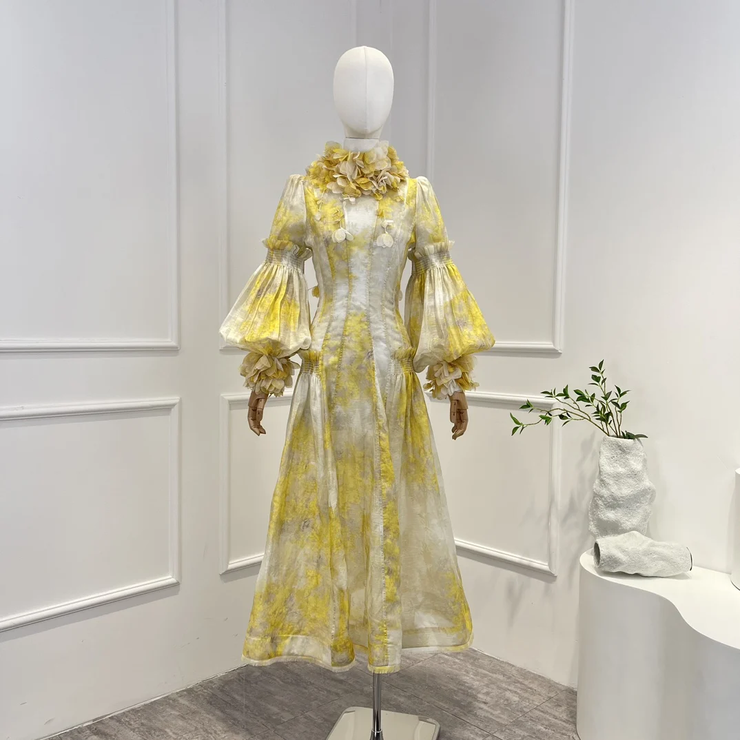 

Top Quality Yellow Applique Silk Linen Classical Design Light Long Sleeve Fashion Midi Dress for Holiday Women