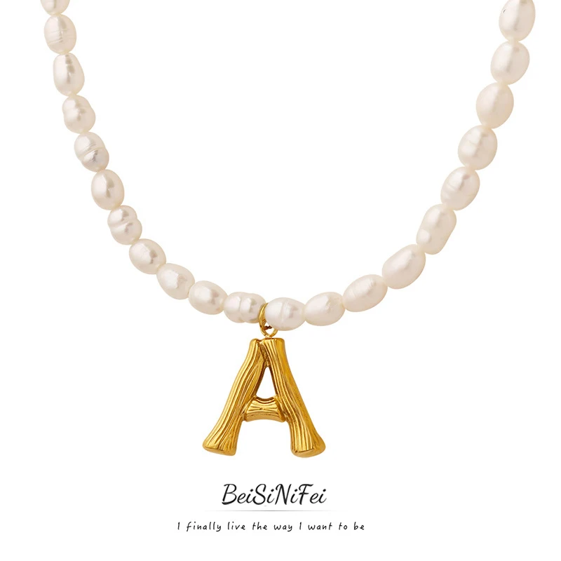 

Freshwater pearl necklace 26 letters gold plated pendant collarbone chain banquet gorgeous senior sense of luxury design sense