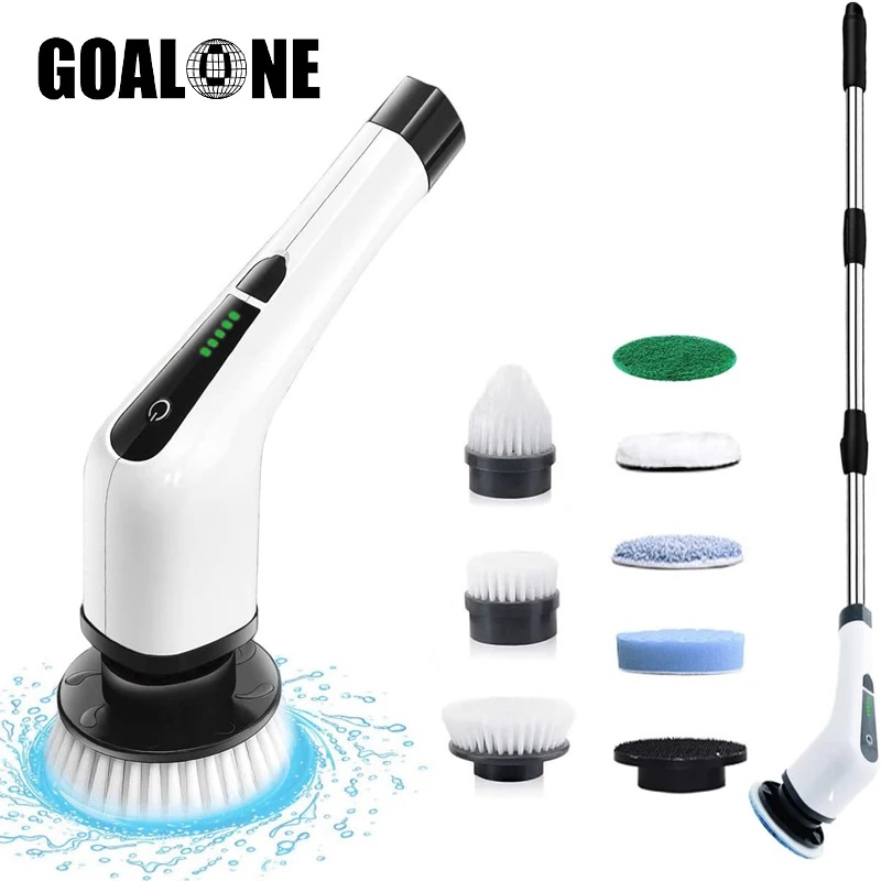 Rechargeable Electric Spin Scrubber High-Speed Cleaning Brush with 7 Replacement Brush Heads and Extension Handle Cleaning Tools