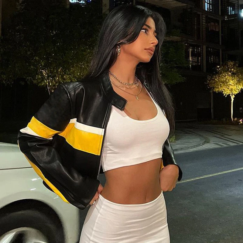 Прямые кожаные куртки CIBBAR в стиле пэчворк женские топы на молнии панк с длинными