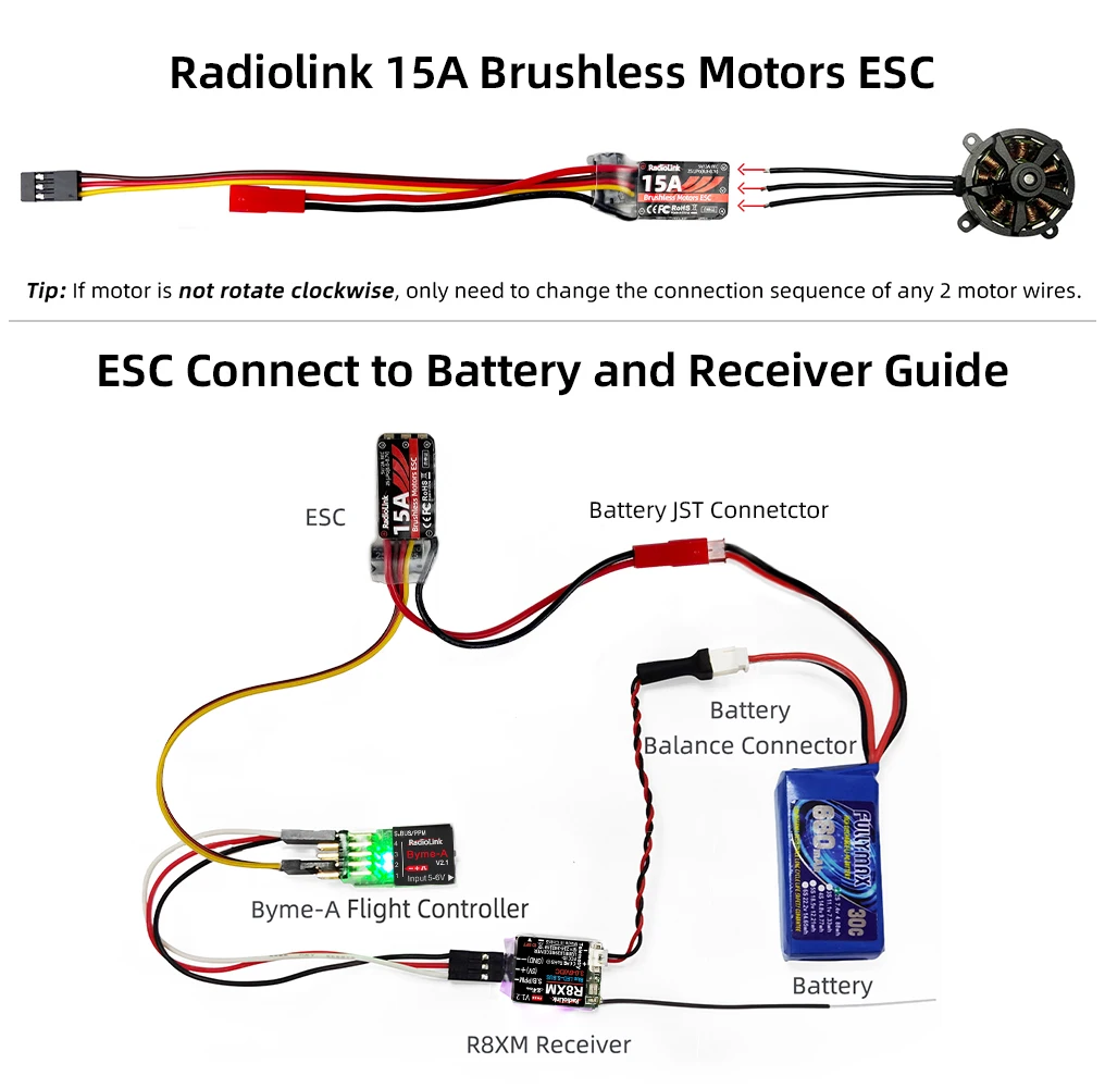 Фото Регулятор скорости Radiolink 15A 2S ESC для бесщеточных двигателей со встроенным BEC 5В/2А для радиоуправляемых самолетов с фиксированным крылом A560 SU27 D460 №3