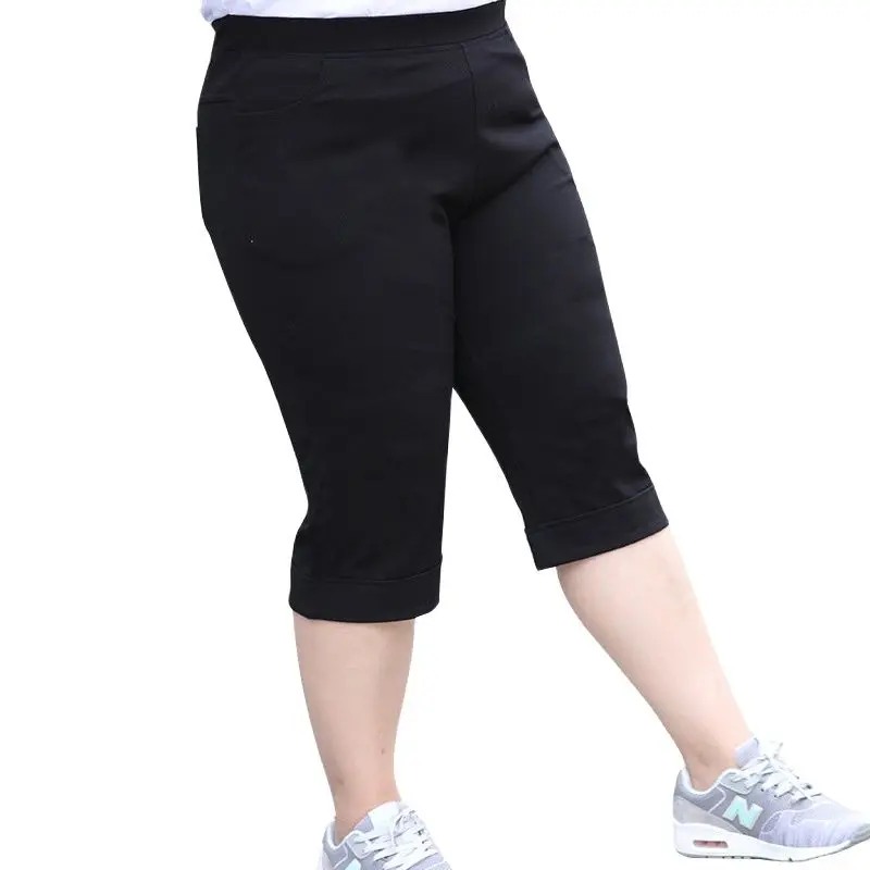 

Женские черные укороченные брюки, 100 кг, пригодные для носки, большие размеры, эластичная лента на талии, эластичные летние капри, брюки, леггинсы 6XL