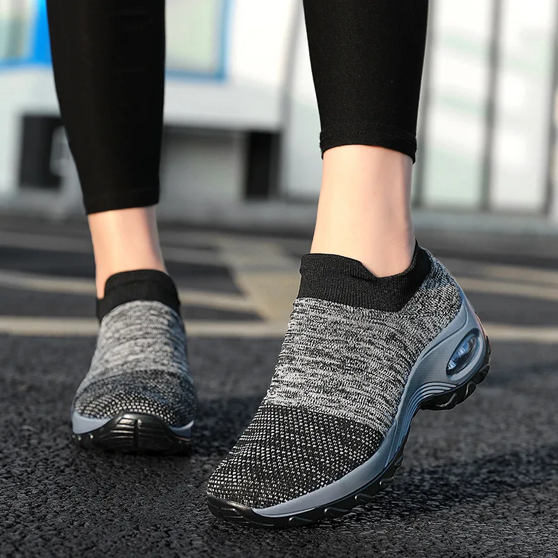 

Large Size 35-43 Women's Shoes Flying Woven Air Cushion Sneakers Socks Slip on Wedge Heel Rocking Shoes