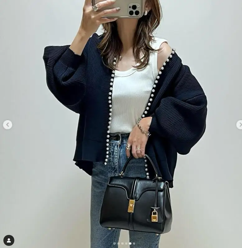 

Loose Fitting Round Neck Lantern Sleeve Pearl Embellished Knit Sweater For Women's Outerwear Cardigan For Women's Clothing