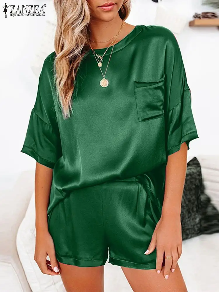 

2PCS Summer Women Solid Sets ZANZEA 2022 Casual Half Sleeve Blouses and Short Sets Female Satin Tops Elastic Waist Shorts Suits