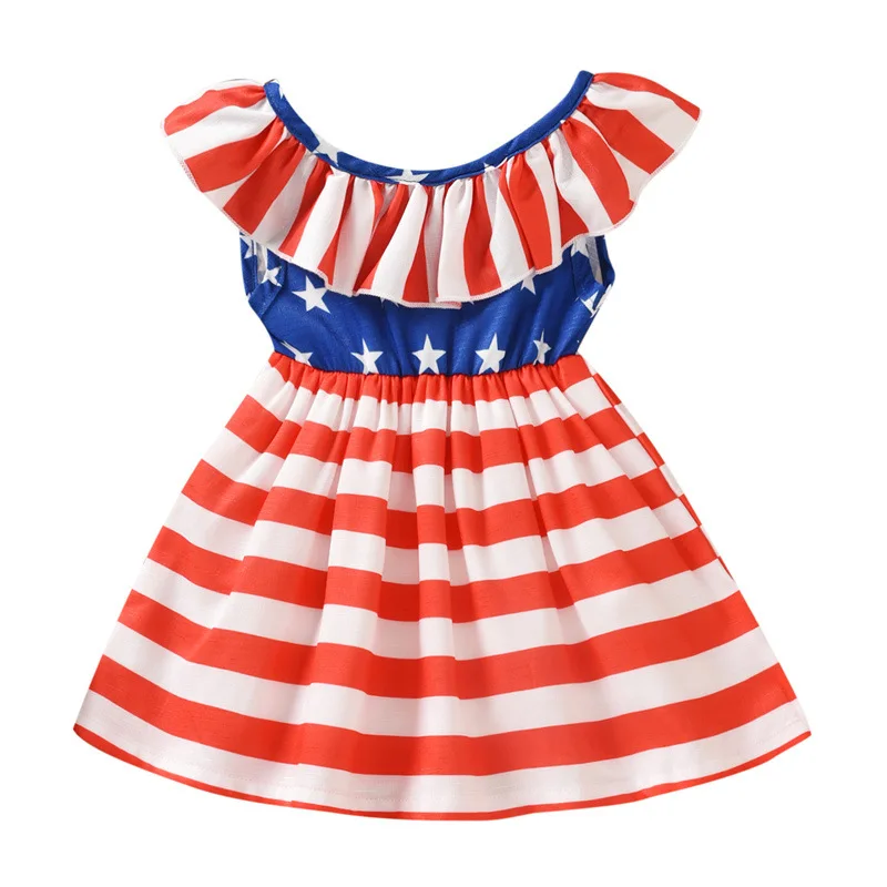 

2022 Summer New Independence Day USA National Flag Girls Dress Stripe Baby Clothes 0M-6Y