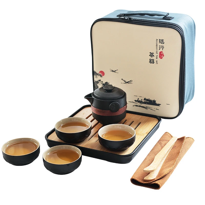

Black pottery tea set cup Portable travel teaware sets kung fu tea Japanese style mug gaiwan cup outdoor with bag teapot kettle