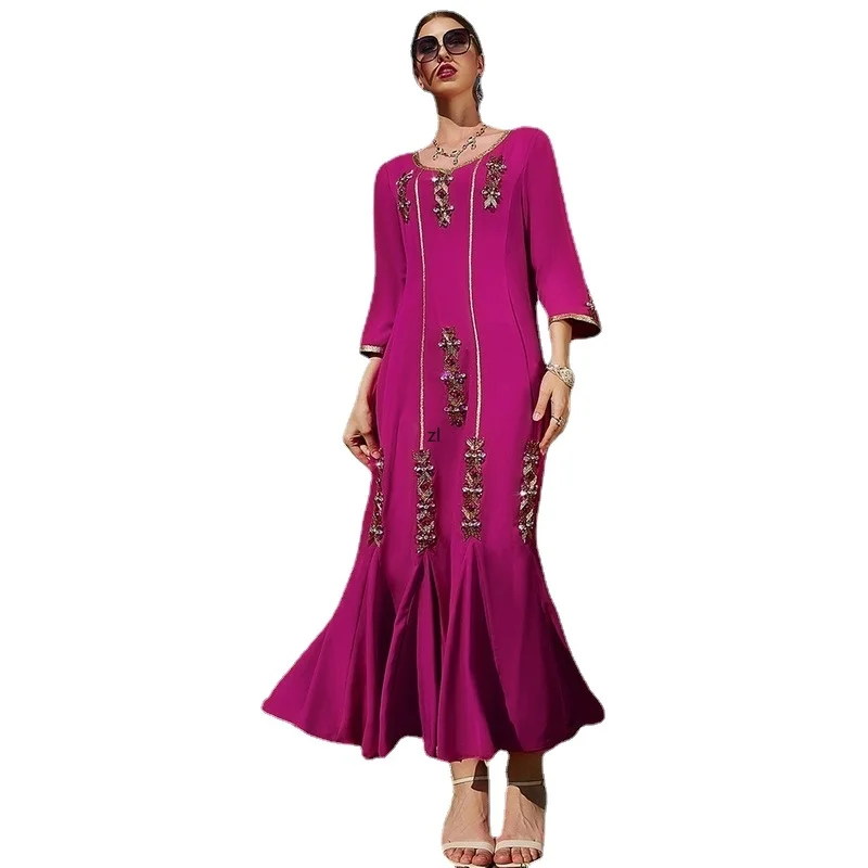 

Ramadan Dress Women Rose Red Hand-stitched Diamond Neckline Gold Ribbon Dress Arabian Ruffled Maxi Dress Muslim 2022 Kaftan