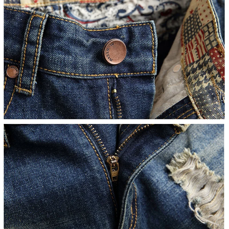 2023 Summer New Foreign Trade Large Denim Shorts Retro Perforated Slim Fit Men's Five-piece Pants Patch Pants Loose Matching