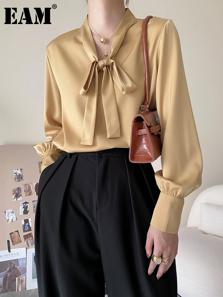 

[EAM] Women Yellow Elegant Big Size Blouse New Bow Collar Long Sleeve Loose Shirt Fashion Brand Spring And Autumn 2023 1DF6108