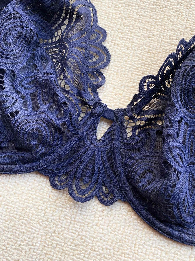 Breathable Womens Deep V Lace Bra 3/4 Cup Non Padded Floral Underwire Female Ultra-thin Underwired Lingerie 34 36 38 40 42 C D E