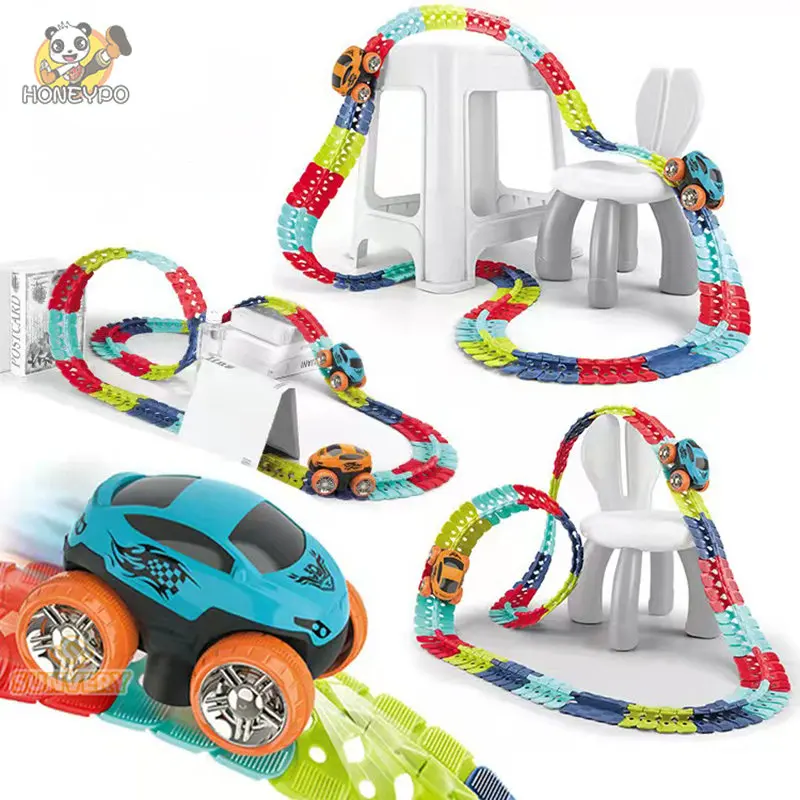 Rechargeable Kids Track Cars For Boy Flexible Track with LED Light-Up Race Car Set Anti-gravity Assembled Track Car Gift for Kid