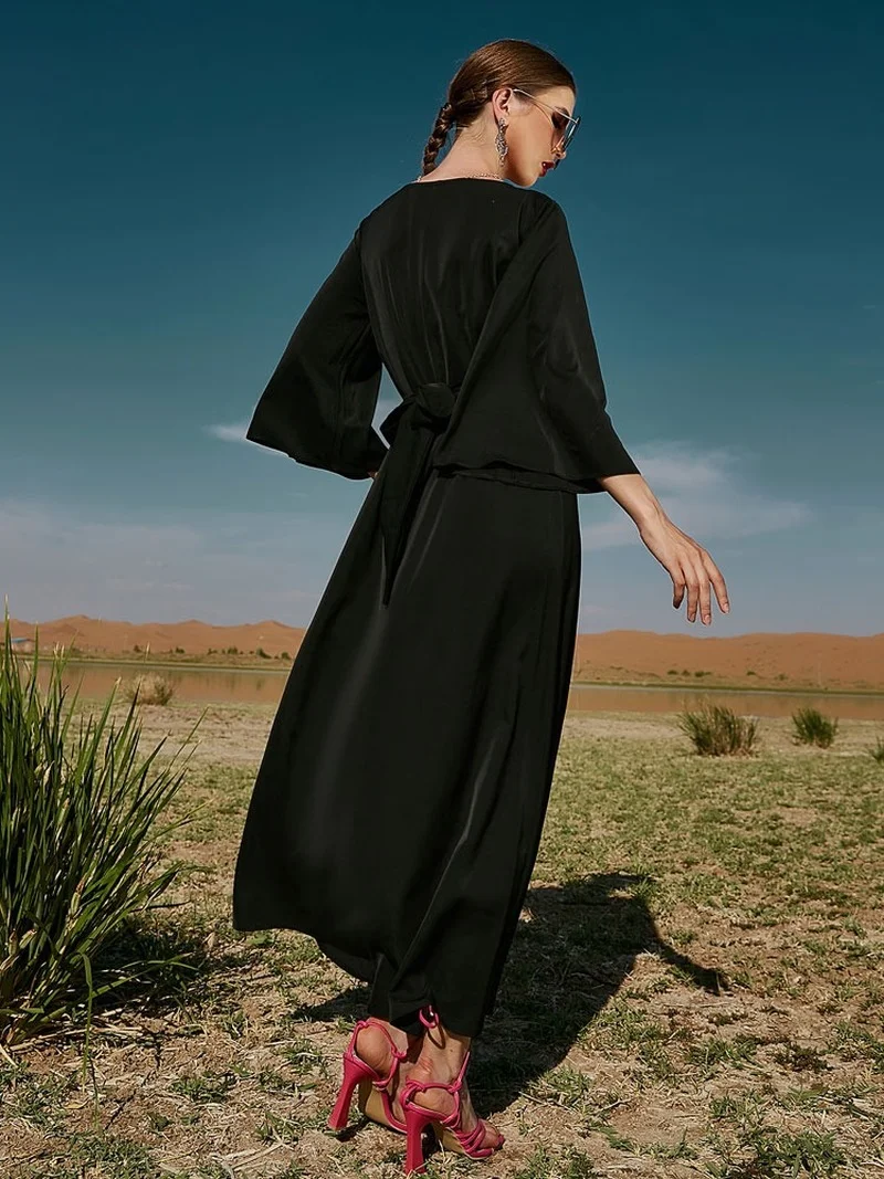 Rhinestone Kaftan Women Moroccan Party Caftan Satin Flare Sleeve Muslim Long Dress Belted Arab Dubai Saudi Abaya  Ramadan Black