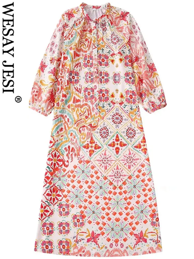 

WESAY JESI Retro Casual Round Neck 3/4 Sleeve Women's Dress Color Totem Print Six Button Pullover Straight Loose Lady Dress New