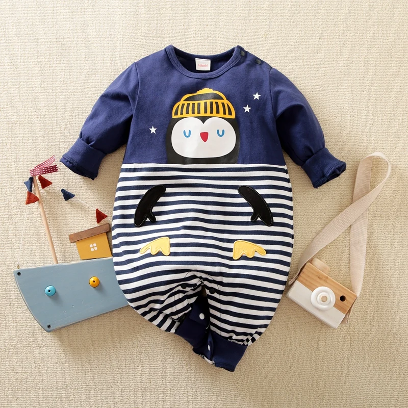 

Hibobi Design Baby Boy Newborn Clothes Penguin Pattern Jumpsuit Stitching Stripes Rompers Cotton Long Sleeve Toddler Clothing