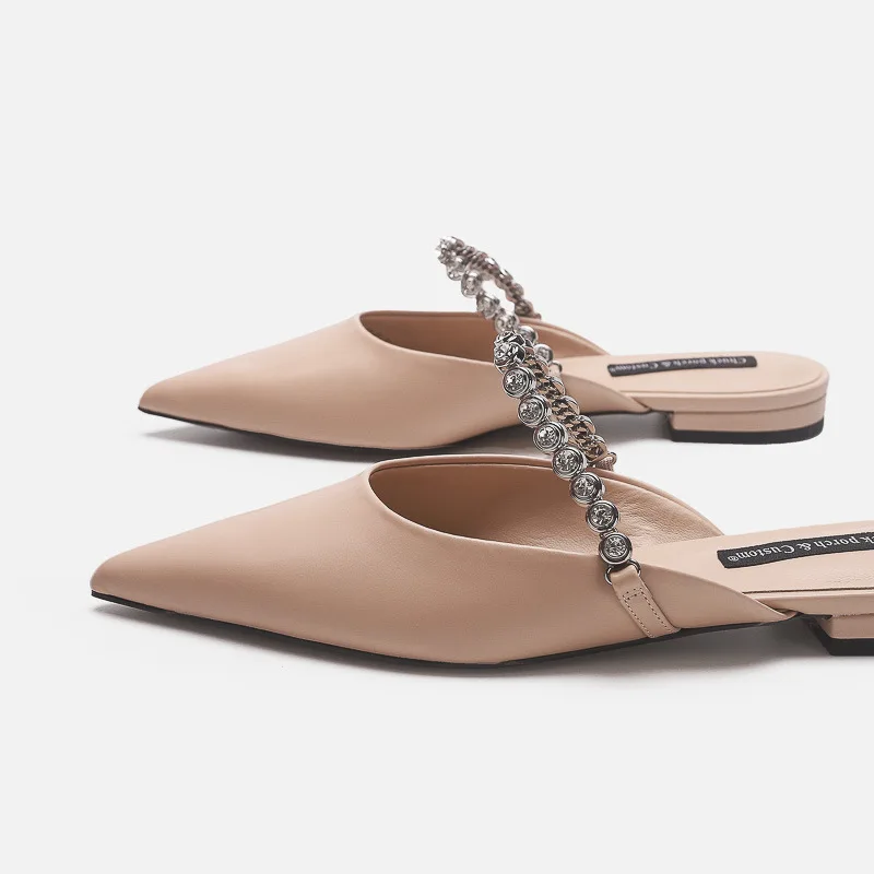 Bling Flats Mules Shoes Women Pionted Toe Shining Chain Flip Flops Summer Sandals Outdoor Office Ladies Shoes Handmade