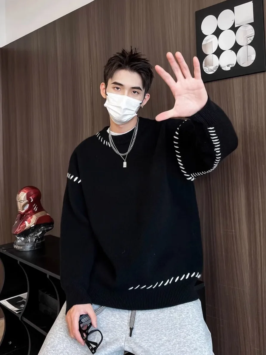 Korean Sle Design Fashion Sense Round neck sweater Handsome All-Match Trendy Casual Knit Men's Top COUPLE'S Shirts