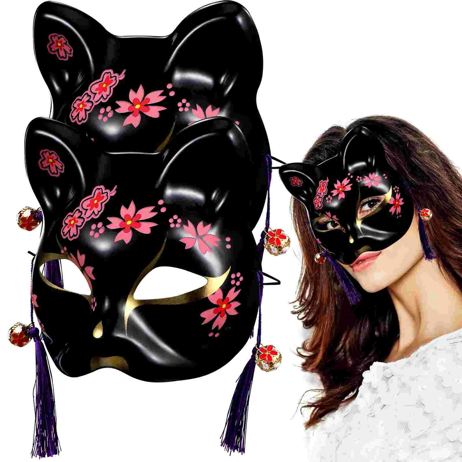

2 Pcs Adult Mask Japanese Halloween Masks Adults Women Neko Prom Masquerade Cherry Blossom Party Miss