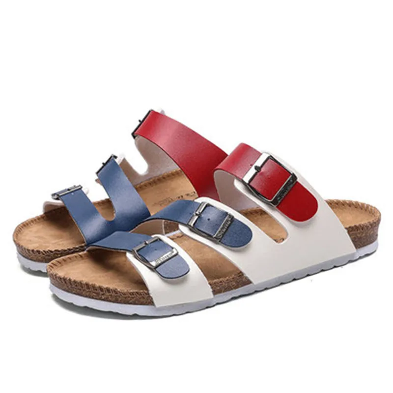 

2023 New Summer Fashion Beach Cork Slippers Men Casual Buckle Leather Outside Slip on Beach Slides Shoes Black White Red Blue 46