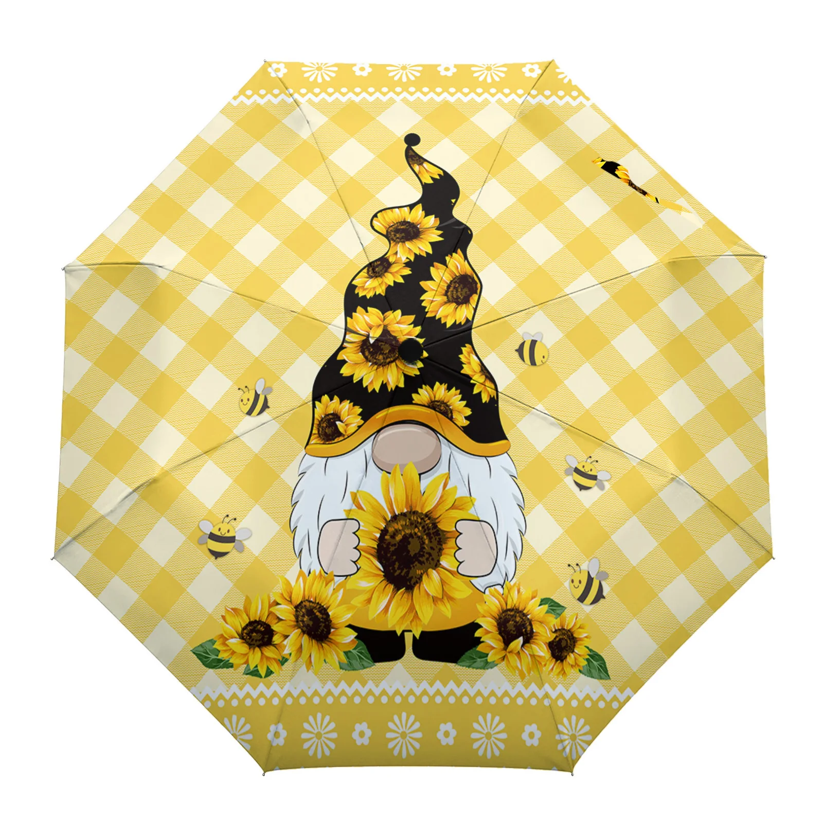 

Sunflower Gnome Idyllic Farm Lattice Fully-automatic Parasol Umbrella Foldable Eight Strand Umbrella for Adults Rain Umbrella
