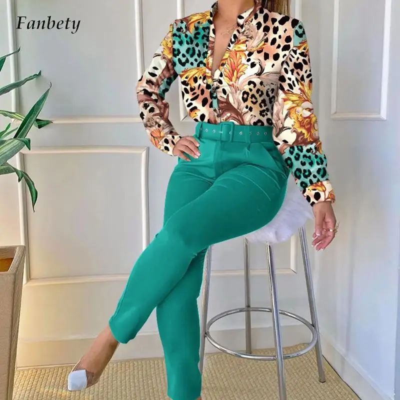 

Женский офисный комплект из 2 предметов, Элегантная блузка с V-образным вырезом, принтом и поясом, длинные брюки, повседневный облегающий кос...