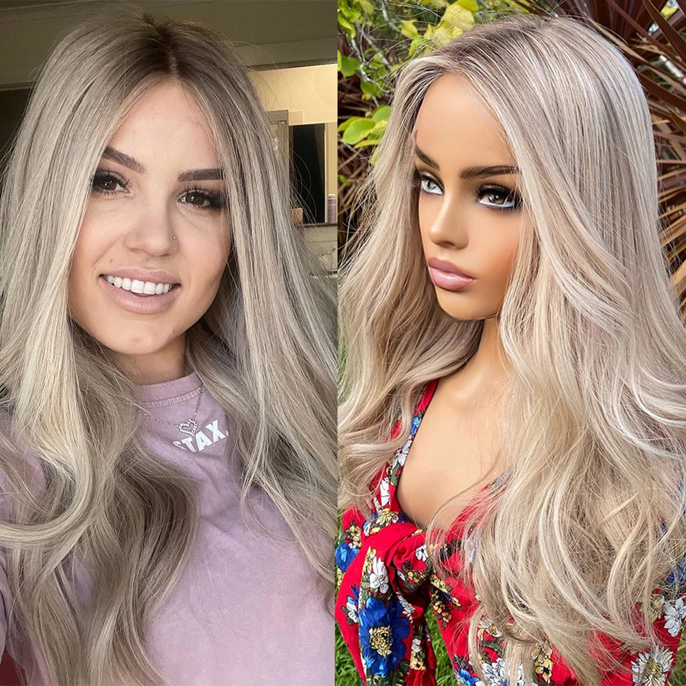 13x6 Ash Blonde Grey Highlights Lace Front Wig For Women Virgin Remy Human Hair Full Lace Wigs Long Wavy HD Transparent Lace Wig